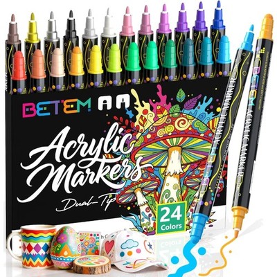 Doppelspitzen Acrylmarker Set, 24 Farben, wasserfeste Acrylstifte für Stein, ...