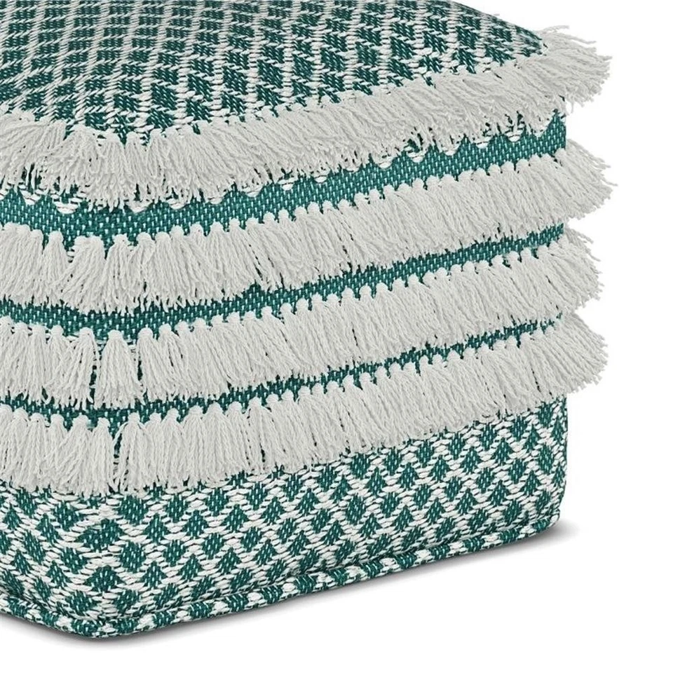 Simpli Home Leah Boho Square Woven Pouf in Turquoise and White - Image 3 of 4