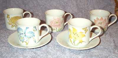 Hues N Brews 5 Cups & 2 Saucers Flower,Butterfly Design Demi-Size Made in Japan