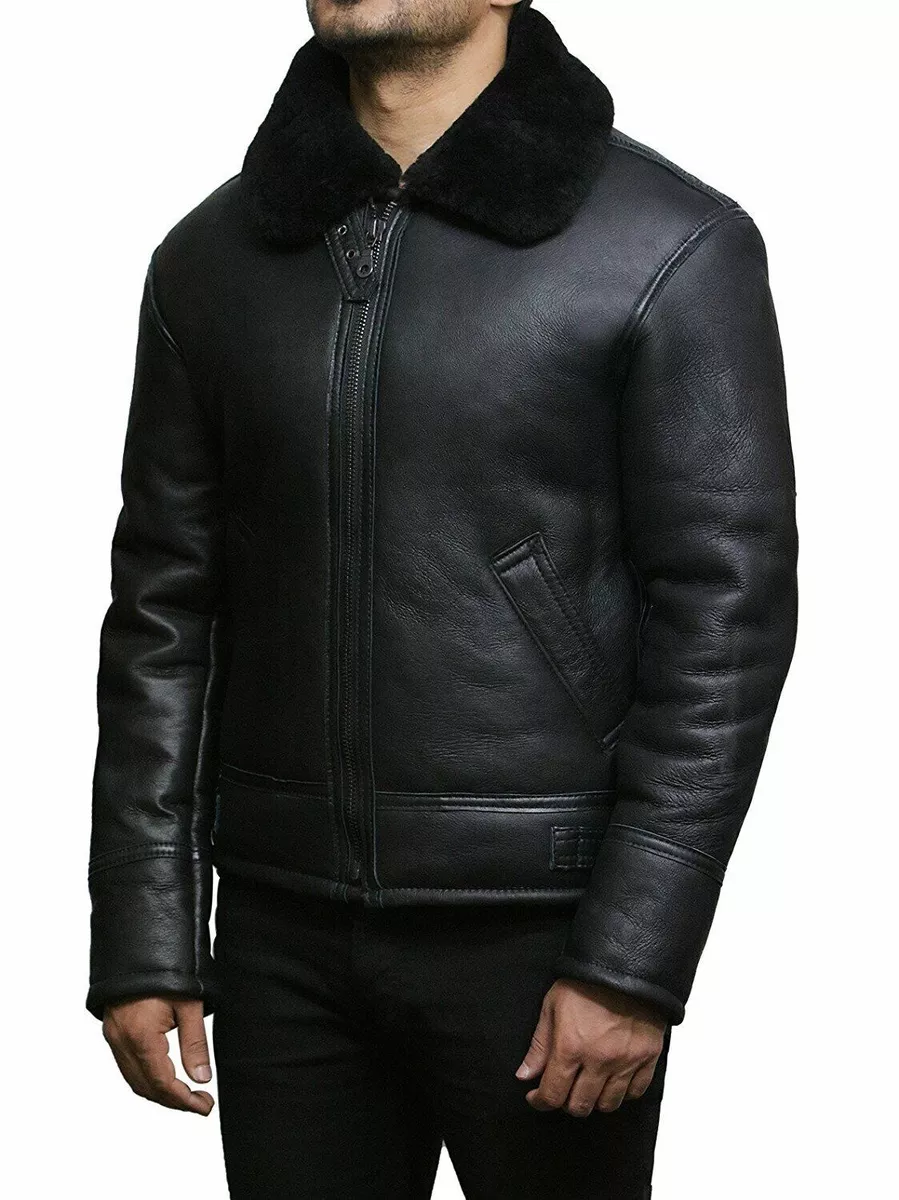 Mens black shearling bomber deals jacket