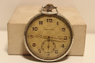 ANTIQUE ART DECO RARE SWISS POCKET MECHANICAL WATCH''LANGENDORF''/NICE RELIEF DIAL
