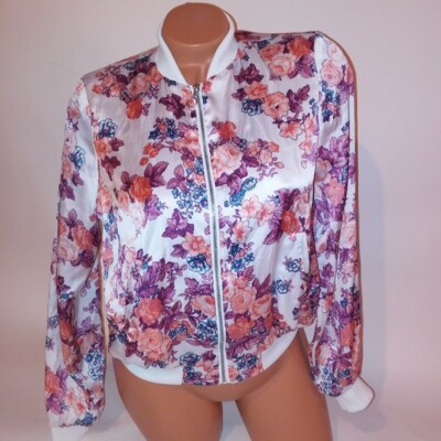 Ultra Flirt Floral Satin Bomber Jacket Womens Small White Pink Zip Front