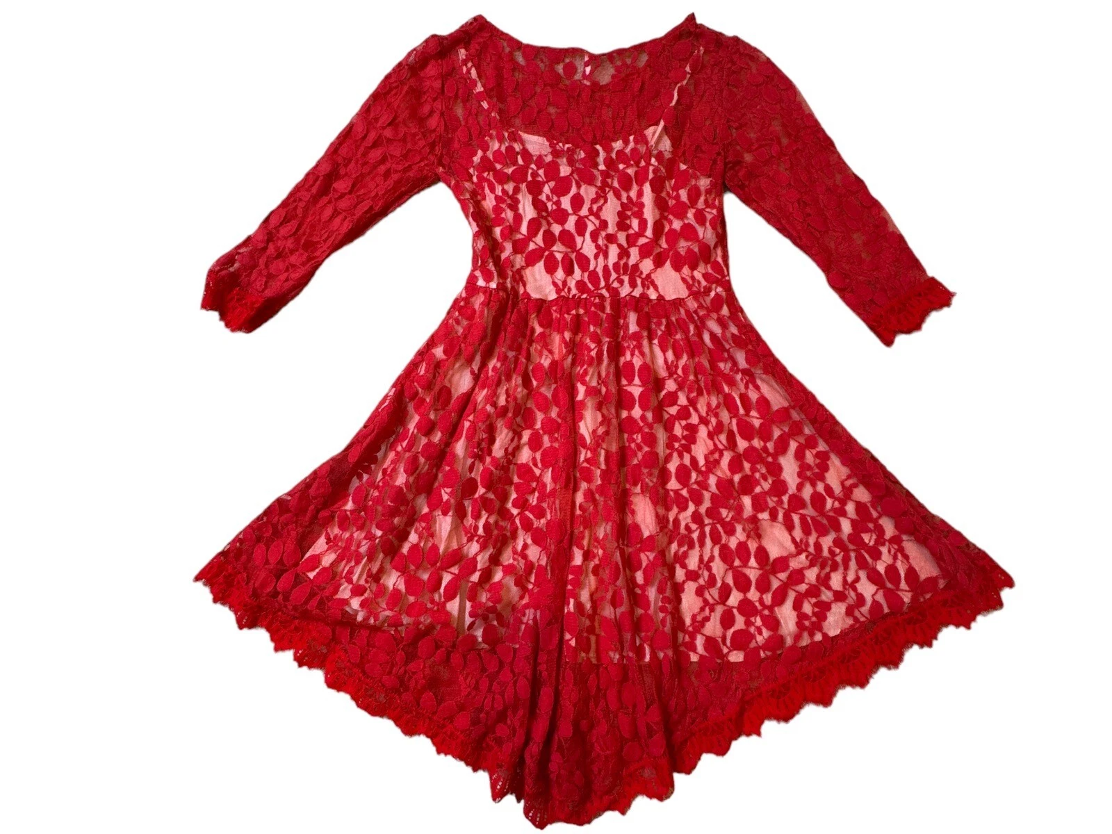 VALENTINO Free People Mini Abito in Pizzo Rosso a Rete Floreale Orlo Smerlato Trasparente Manica 3 4 Tg 6
