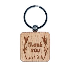 Thank You Flowers Border Engraved Wood Square Keychain Tag Charm