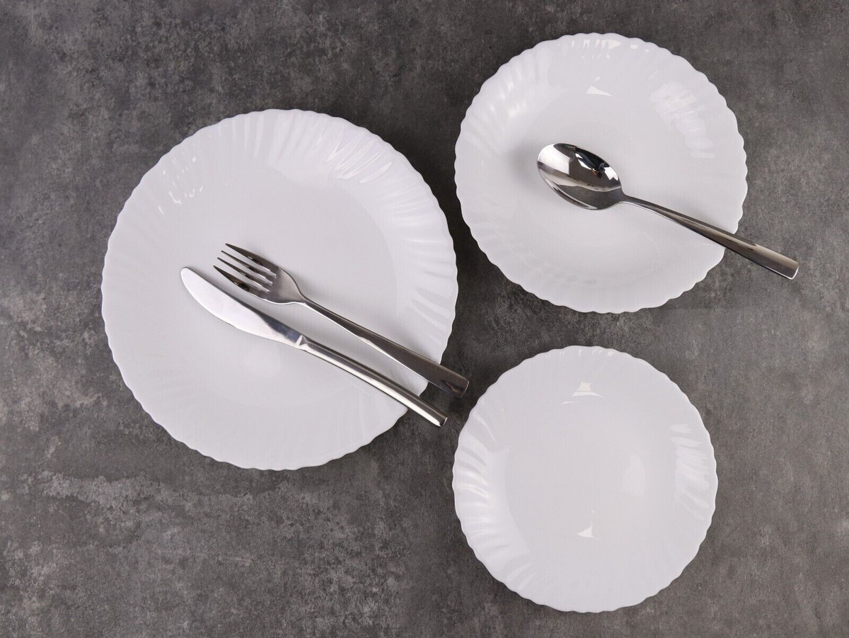 12-Piece Dinner Set White Opal Glass Round Wavy Plates Soup Bowls