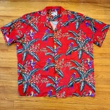 Paradise Found Men's 2XL 100% Rayon Aloha Hawaiian Shirt Red Parrot 
