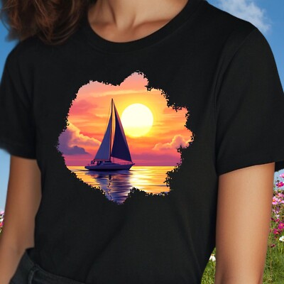 T-Shirt Frauen Segelboot Sonnenuntergang Motiv Baumwolle Größe S bis 3XL