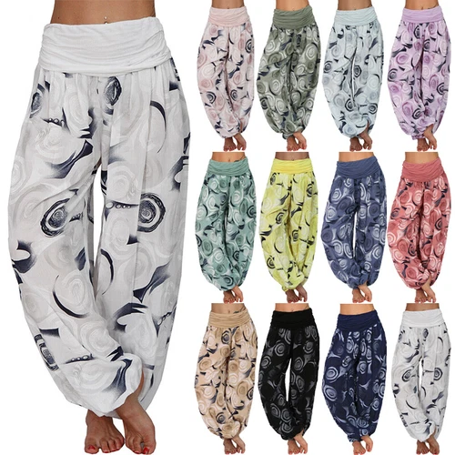 Women Elastic Waist Boho Floral Harem Trousers Baggy Wide Leg Palazzo Pants - Picture 2 of 60