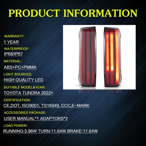 Luces traseras LED completas rojas VLAND para Toyota Tundra 2022-up con animación de puesta en marcha - Imagen 2 de 9