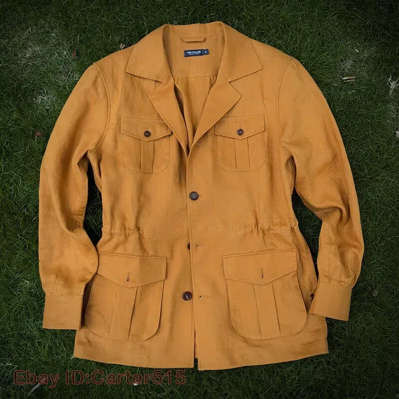Men 100% Linen Safari Jacket Slim Hunting Coat Casual Pockets Retro Formal Coat - Image 4 of 4