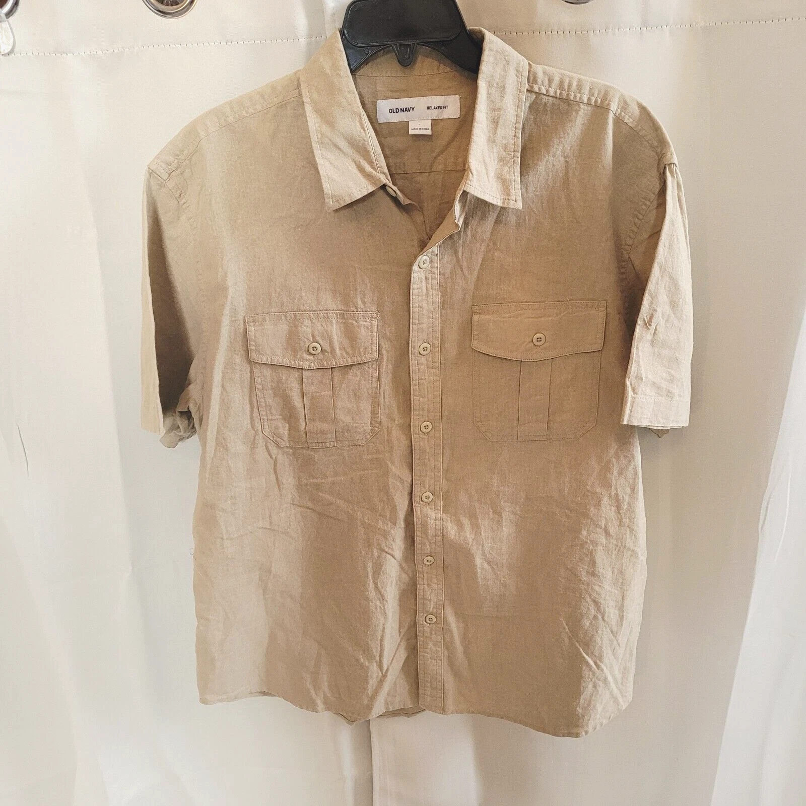 Old Navy Men Shirt Size XL Khaki Button Up Linen Blend Relaxed Fit Beach 17421 X