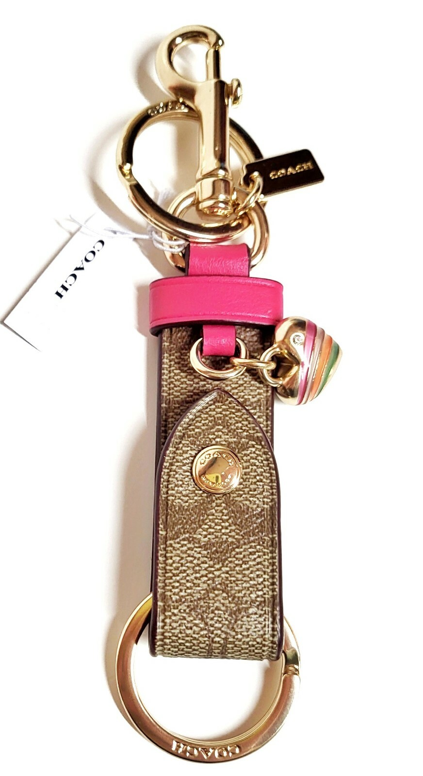 Coach Trigger Snap Bag Charm Signature Canvas Leather Bold Pink Heart