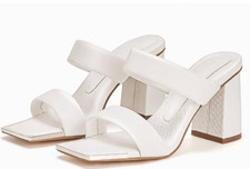 Womens Square Open Toe Mule Sandal with Chunky Block Heel White Sz 8.5