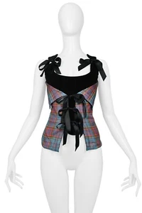 VINTAGE VIVIENNE WESTWOOD BLACK VELVET CORSET WITH MACANDREAS PLAID & RHINESTONE