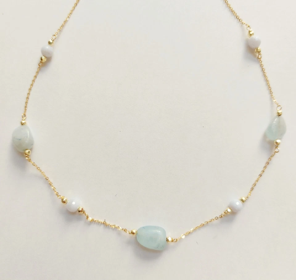 Collana in argento 925 laminata in oro con acquamarina calcedonio ematite dorata - Immagine 3 di 4