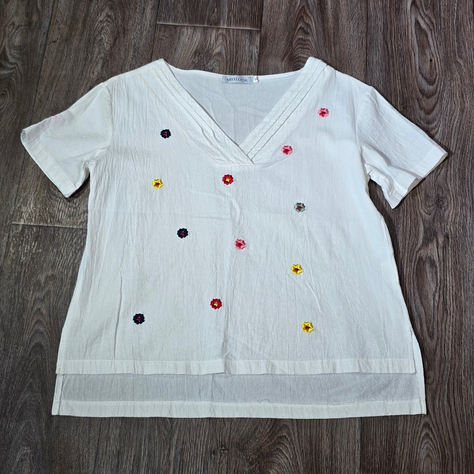 MISSlook White Embroidered Floral Short Sleeve V Neck Top Women XL