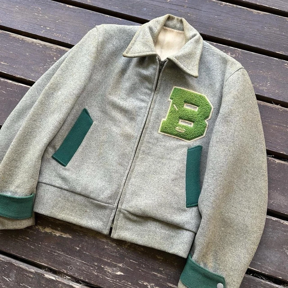 Chaqueta Universitaria De Lana Años 50 De Colección Talla M Verde Gris Hecha en EE. UU. Cremallera Garra Foto 3 de 4