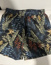 Centro Men's S Tropical Floral Swim Trunks Black Blue Elastic Drawstring NWT