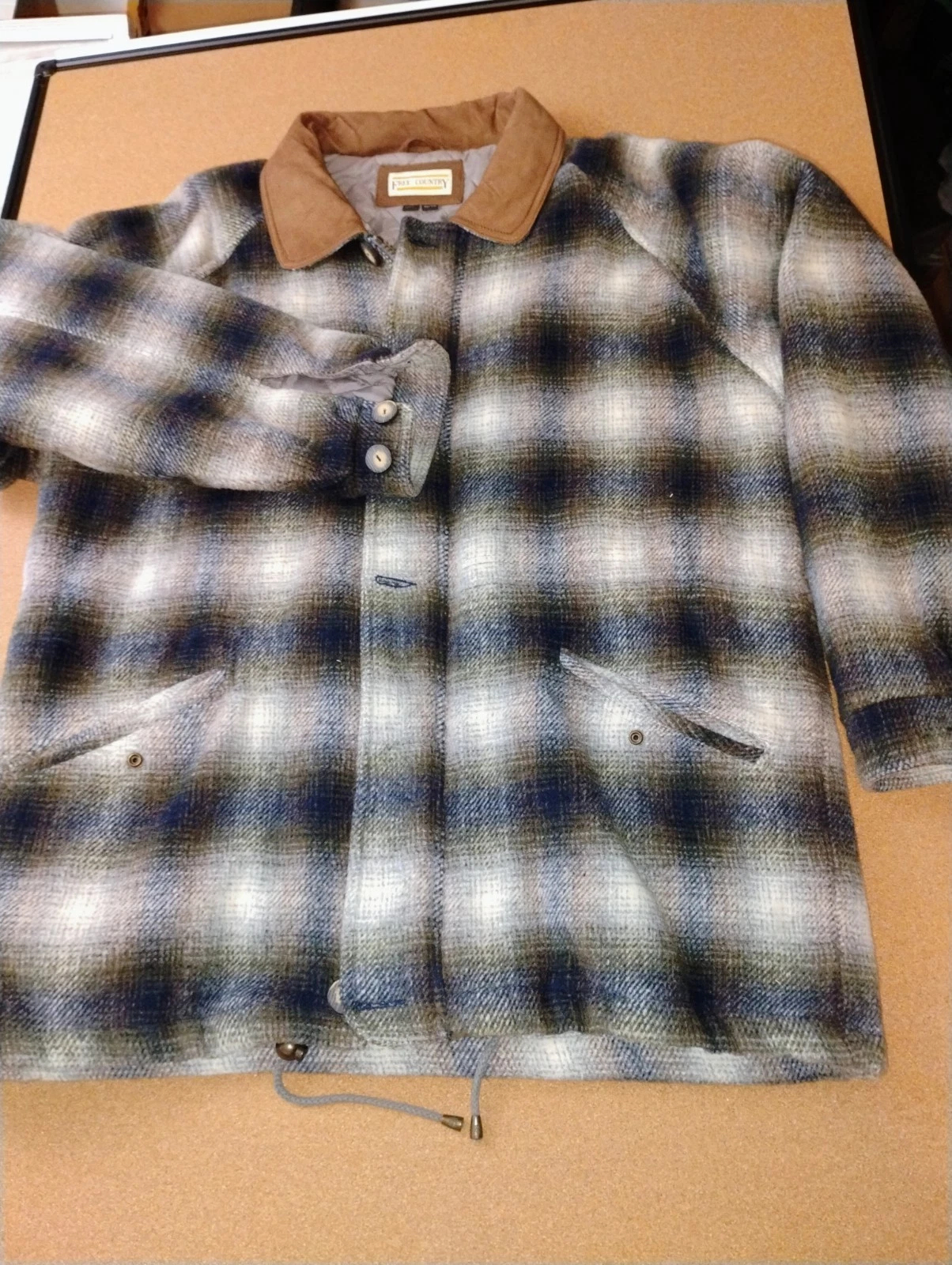 Free Country Men's Plaid Wool Blend Leather Trim Barn Jacket Coat SZ XL