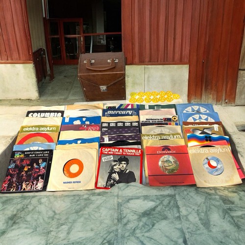 Vintage 45RPM 1970s Records In Carrying Case Lot Of 38 Plus Adapters See List