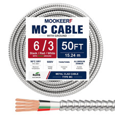 6/3 MC Cable with Ground - 50FT Pure Copper 6AWG/3 Metal Clad Wire with Aluminum