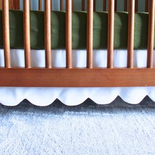 White Scalloped Crib Skirt Ruffle Front/Sides Adjustable Linen Cotton Blend...