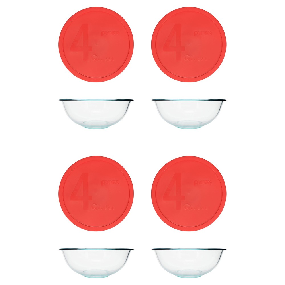 Pyrex 4-Piece 4qt Glass Mixing Bowls with Red Lids Set