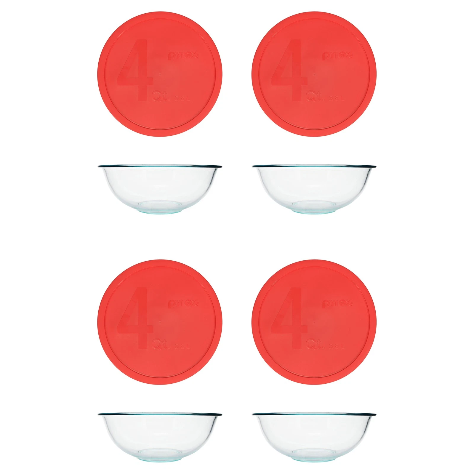 Pyrex (4) 326 4qt Glass Mixing Bowls and (4) 326-PC 4qt Red Mixing Bowl Lids