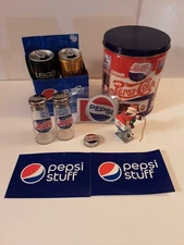Lot Of Pepsi Memorabilia Empty Cans Ornament Magnet Stickers S &P Shakers