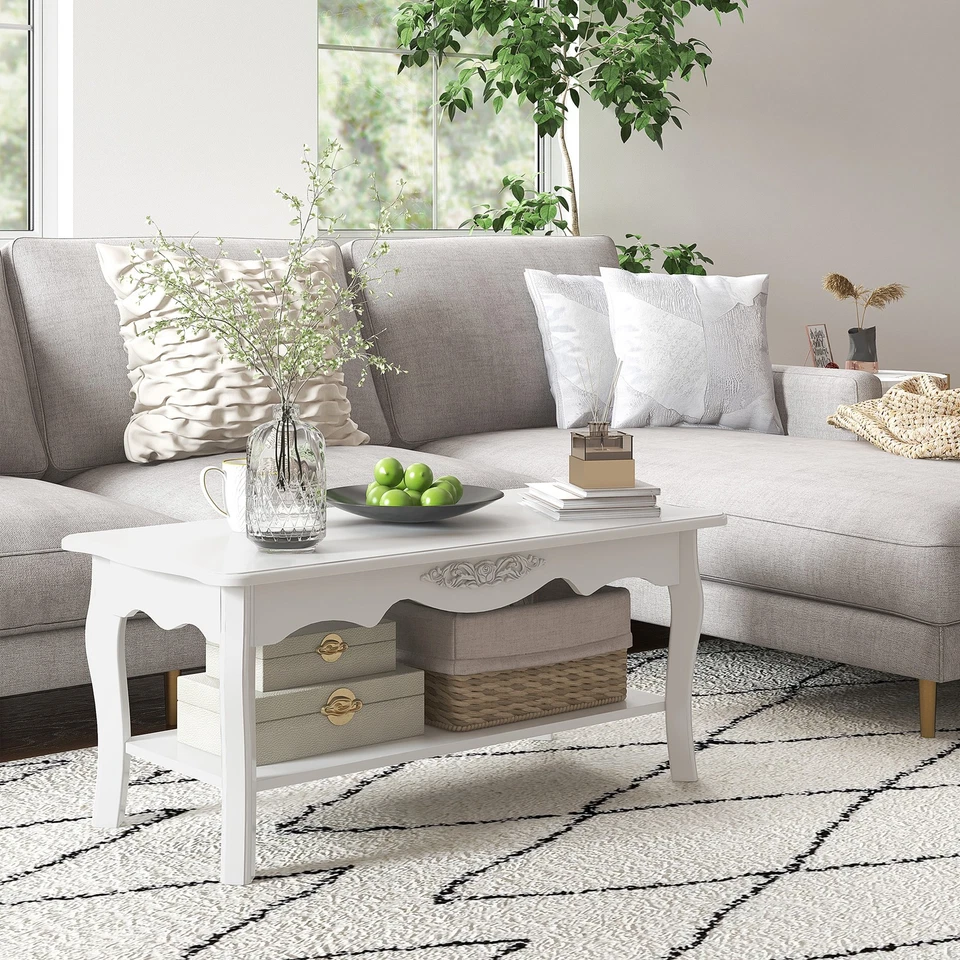 HOMCOM Tavolino da Salotto o da Caffè Arte Povera in Legno Bianco Lucido - Immagine 3 di 4