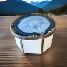 Vtg Geode Blue Leaded Stained Glass Hinged Round Trinket Box Mirror Bottom