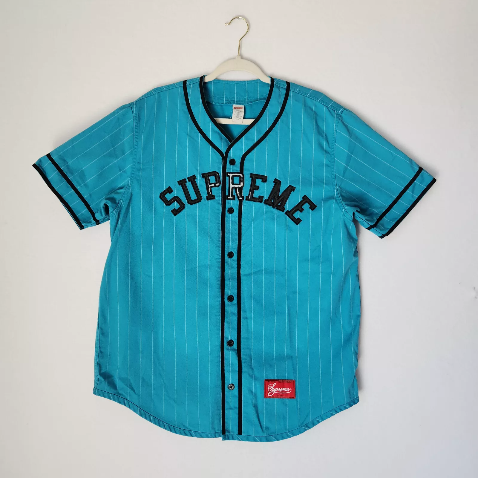 Maillot de baseball Supreme Pinstripe Yankees bouton manches courtes peal bleu vert XL