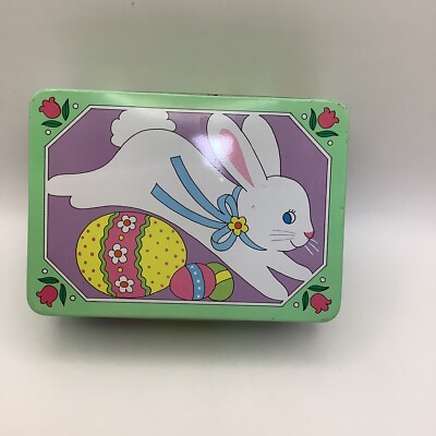 Vtg 1970 s Easter Tin Box White Bunny Colorful Easter Eggs Chick Sheep Flowers