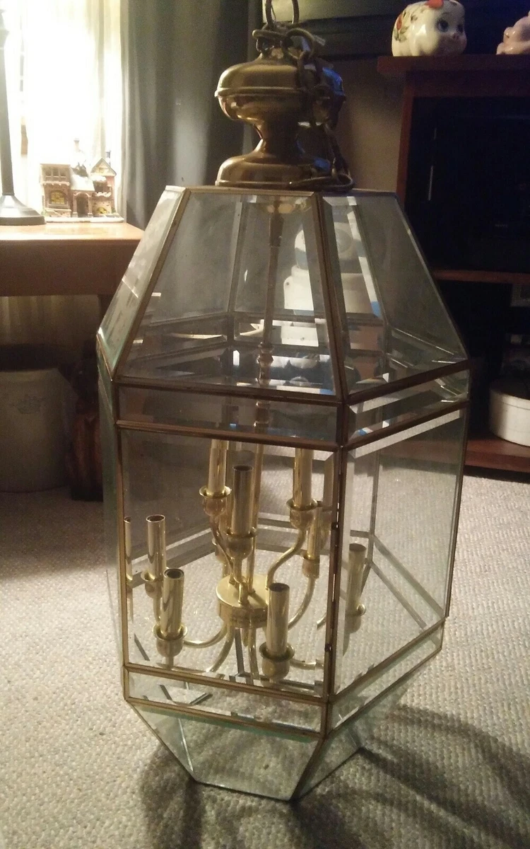 000 Large Vintage Brass Beveled Glass Chandelier Entry Way 36