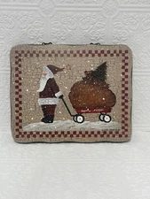 Christmas Santa With Wagon & Christmas  Tree Cindy sampson hanging wooden plaque