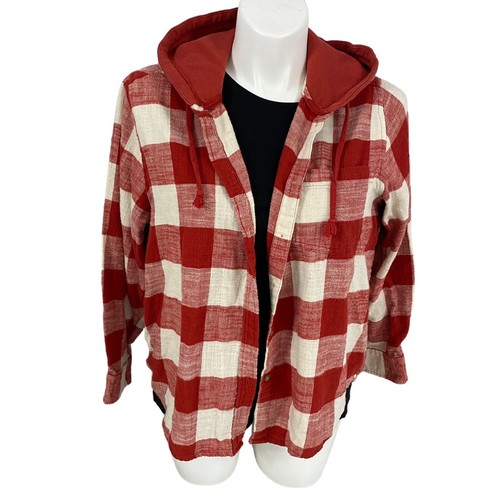 Upcycled Flannel Shirt Women XL Shacket Kauai Rooster Red Country Grunge Farm - Picture 3 of 15