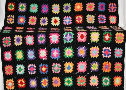Granny Afghan 45x77 Pink Green Blue Yellow Red Purple w/Black Border Lap Blanket - Picture 14 of 22
