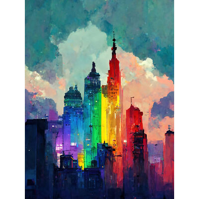 Rainbow Skyscraper Cityscape Painting Wall Art Canvas Picture Print 18X24