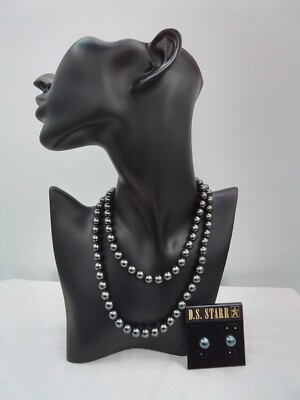 D.S. STARR HAND KNOTTED BLACK FAUX PEARL NECKLACE PIERCED EARRINGS VINTAGE NEW