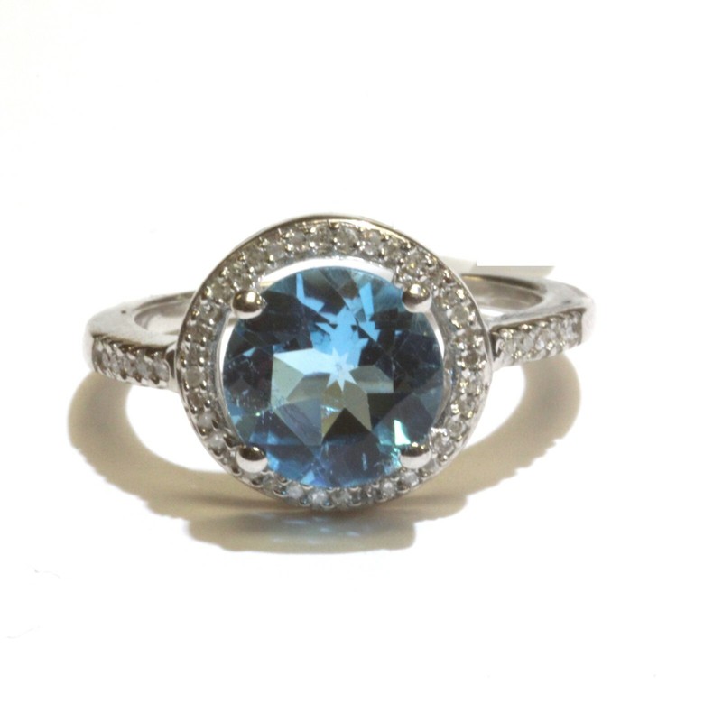 New 925 Sterling Silver .14ct diamond blue topaz halo ring 3.4g ladies 6 3/4