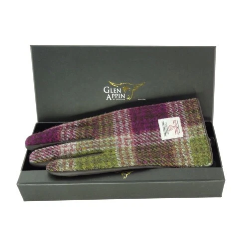 Ladies Harris Tweed Leather Gloves Boxed in Heather Check LB3011 COL125 Small