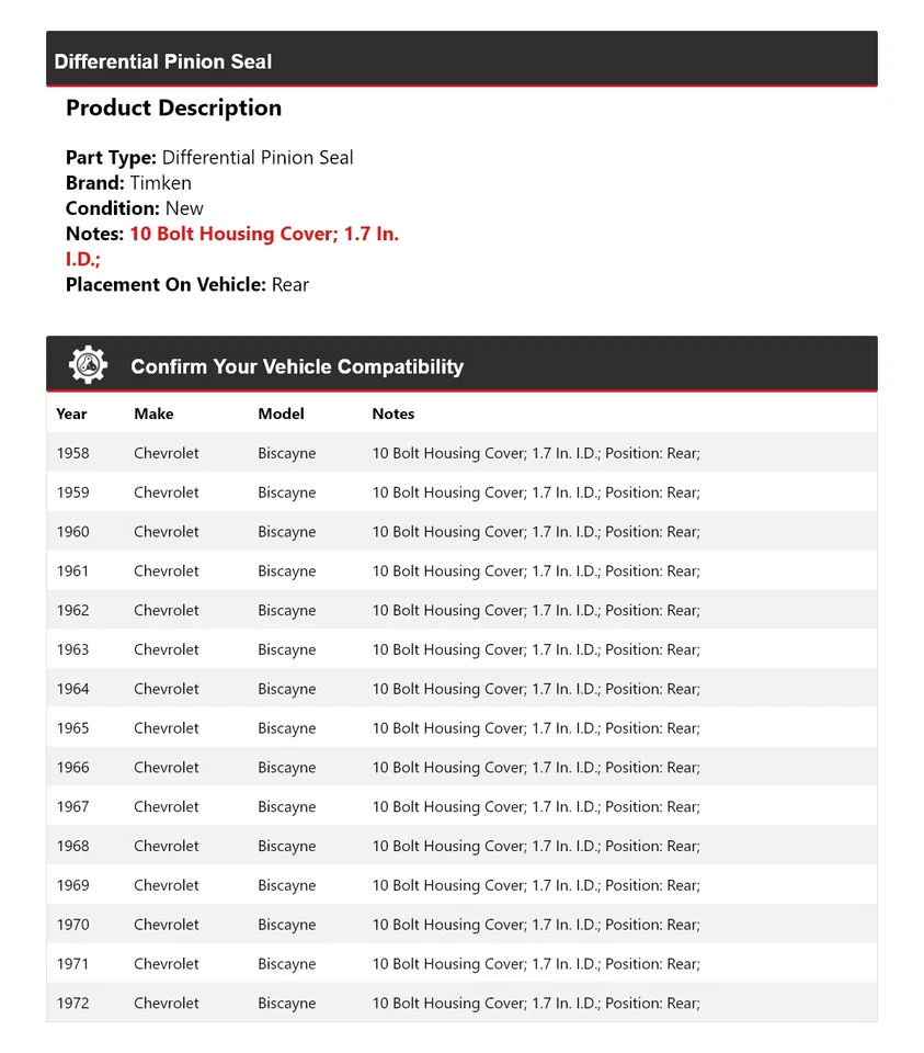 Sello de piñón diferencial trasero Timken 1959 1960 para Chevrolet Biscayne 1958-1972 Foto 2 de 4