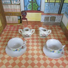 Vintage 40s PORCELAIN DOLL TEA CUP SET Miniature Painted 1940s Japan Toy Dishes