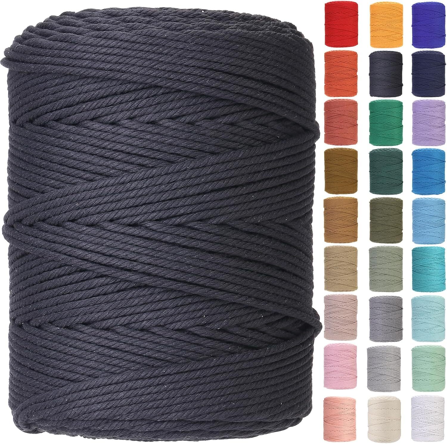 Macrame Cord 4mm x 328yards Natural Cotton Colored 4MM×300M, Black