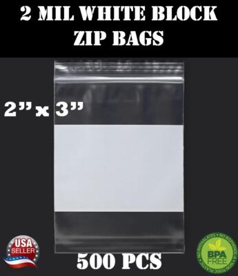 500 2''x 3'' Zip Seal Reclosable 2Mil Plastic Top Lock Bags White Block Jewelry