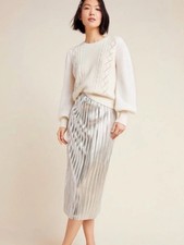 NWT Anthropologie Maeve Silver Pleated Elastic Waist Lined Midi Skirt Size US 6