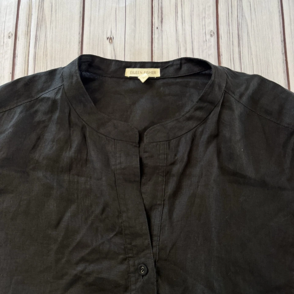 Eileen Fisher 100% Irish Linen Button Front Top Black L Lightweight Lagenlook - Image 2 of 4
