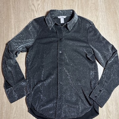H&M Women's Long Sleeve Button-Up Blouse XS Silver Black