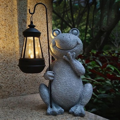 Frog Solar Garden Statue, Resin Figurine with Solar Lantern Lights, Outdoor Lawn