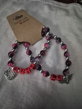 "Bite" "Me" Fangs and Bat Beaded Charm Bracelet Set